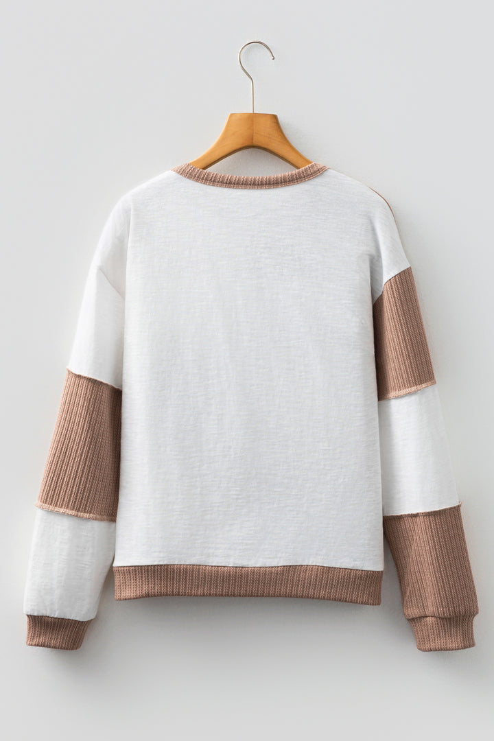 Dark Khaki Colorblock Checkered Raw Seamed Round Neck Knitted Jumper