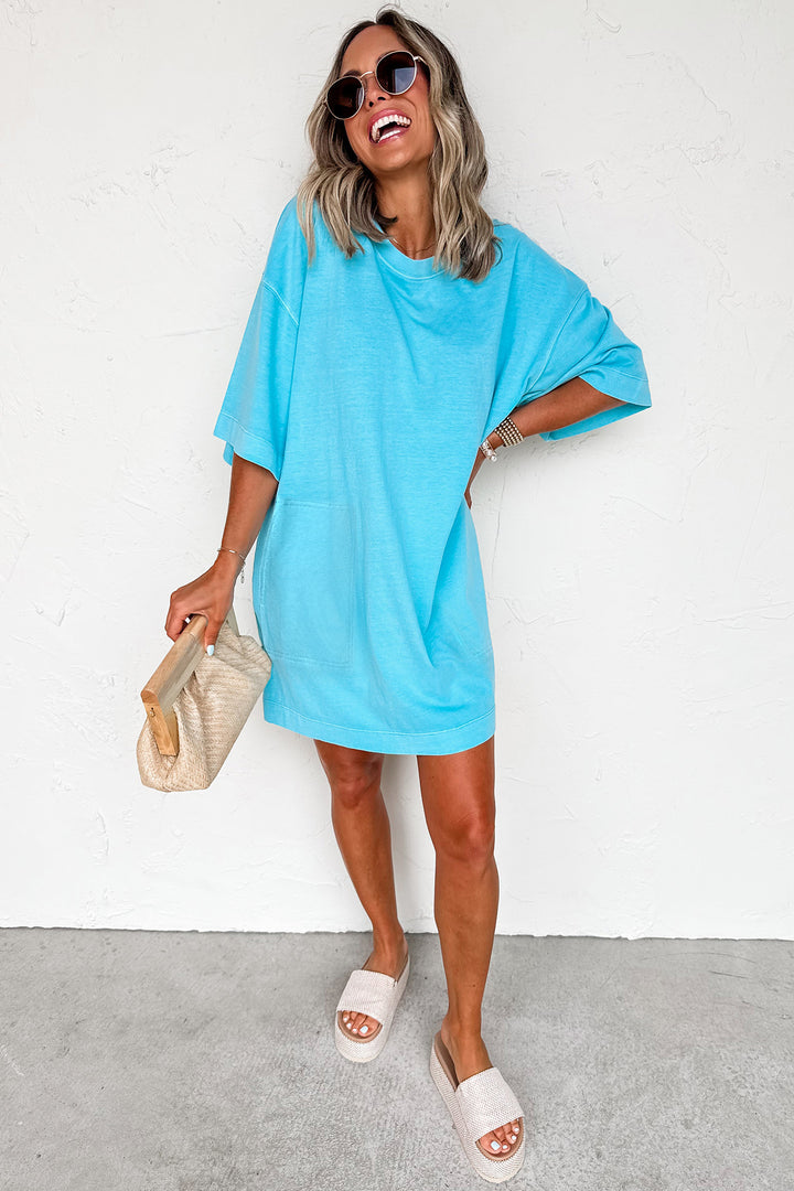 Light Blue Drop Shoulder Loose Casual T Shirt Mini Dress