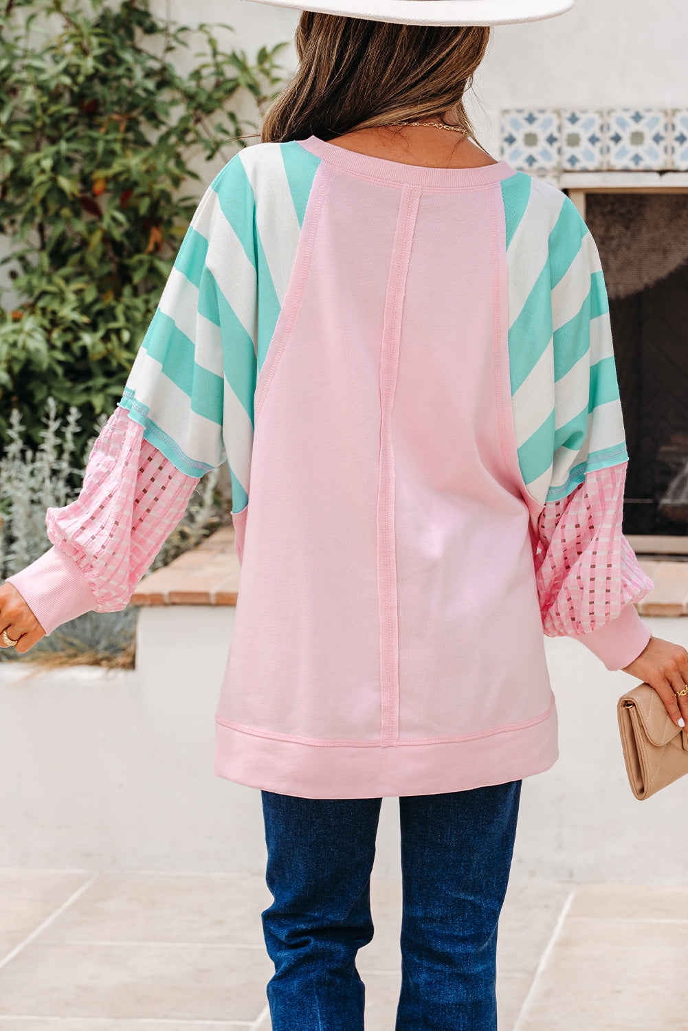 Cute Pink Striped Patchwork Raglan Pullover Top with Slits
