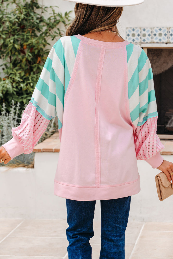 Cute Pink Striped Patchwork Raglan Pullover Top with Slits