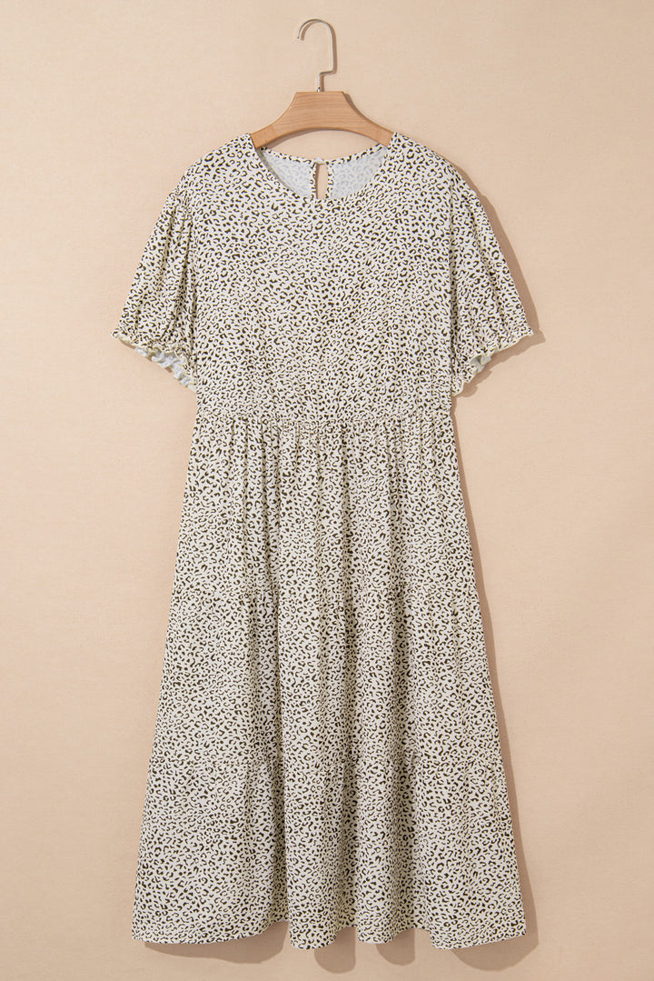 Beige Plus Size Leopard Print Short Sleeve Flared Dress