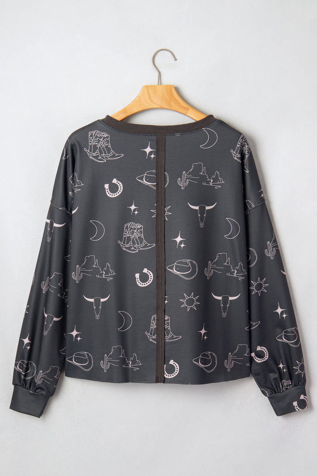 Gray Western Print Crew Neck Sweatshirt