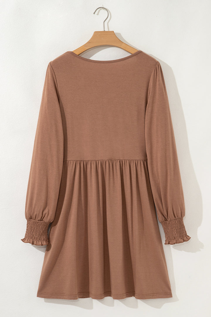 Chestnut Shirred Cuff Long Sleeve Button Mini Dress