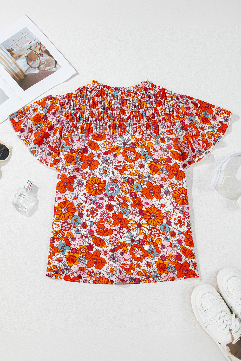 Orange Floral Print V Neck Pleated Ruffle Short Sleeve Blouse