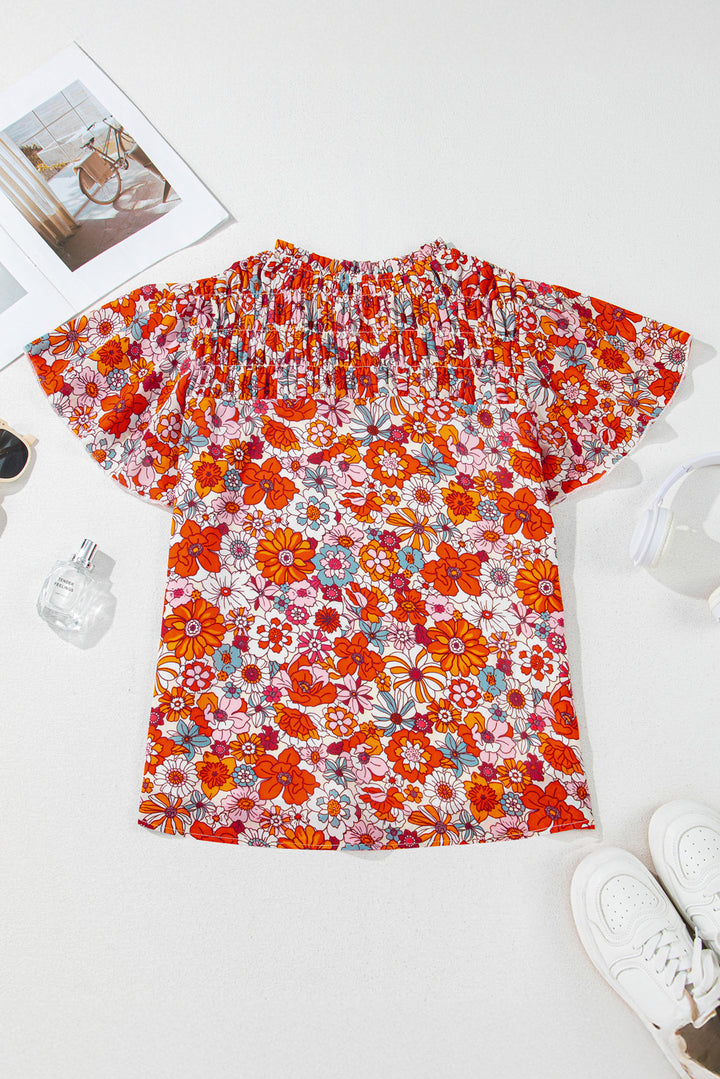 Orange Floral Print V Neck Pleated Ruffle Short Sleeve Blouse