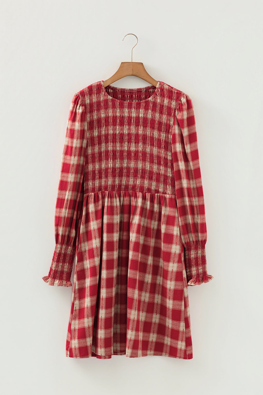 Plaid Print Smocked Puff Sleeve Mini Dress