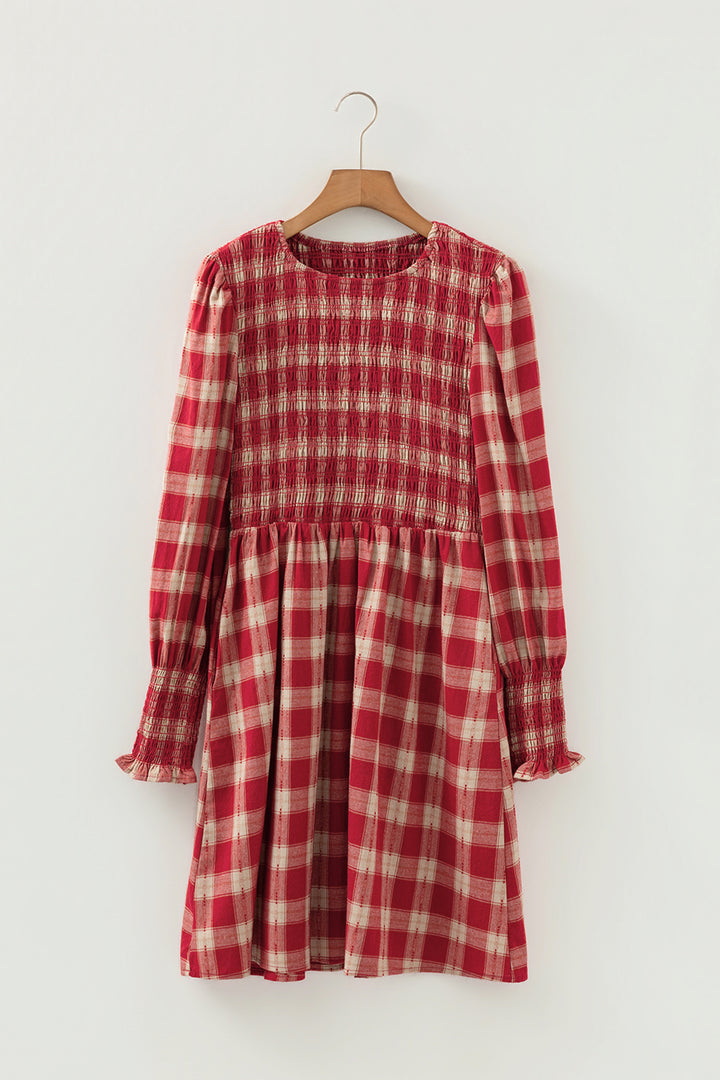 Plaid Print Smocked Puff Sleeve Mini Dress