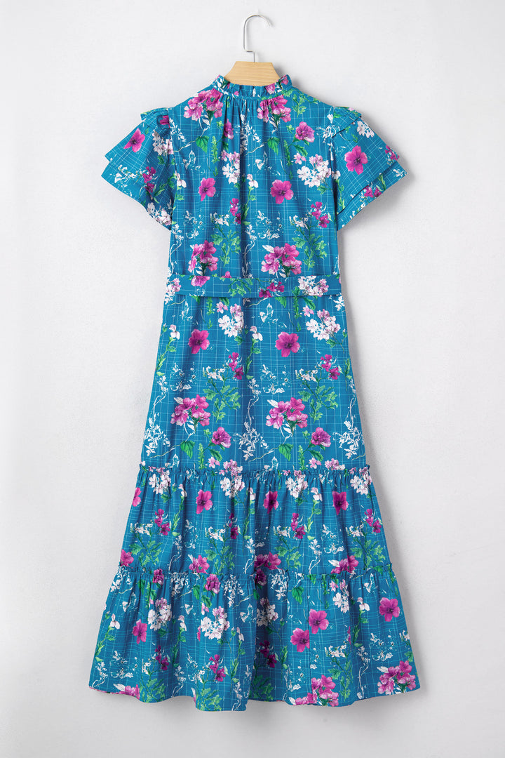 Floral Flutter Sleeve Button Tie Split Neck Belted Long Dress