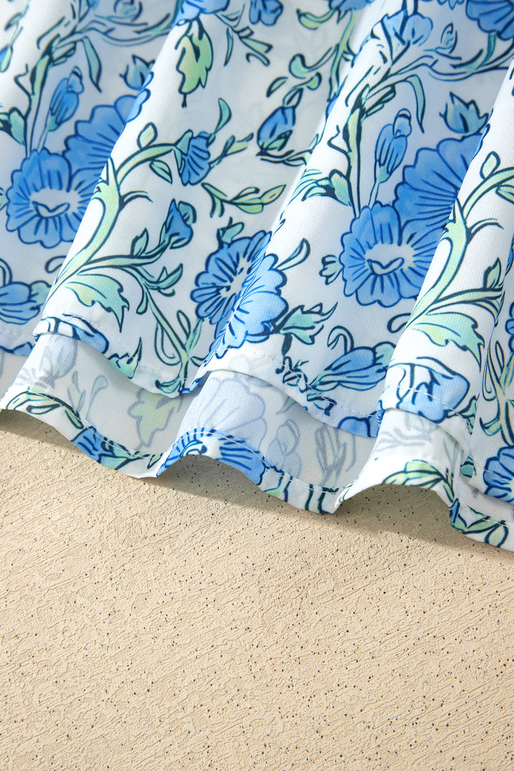 Sky Blue Floral Striped Patchwork Knot Straps 2pcs Short Set