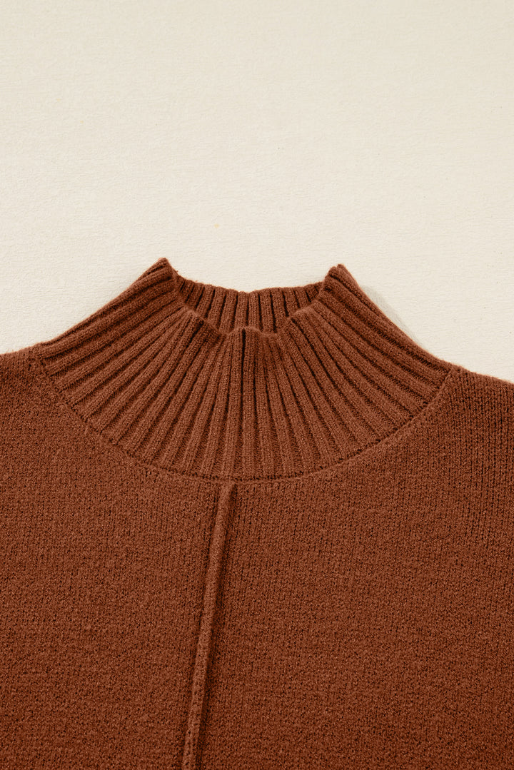 Ribbed High Neck Front Pockets Center Seam Shift Sweater Dress