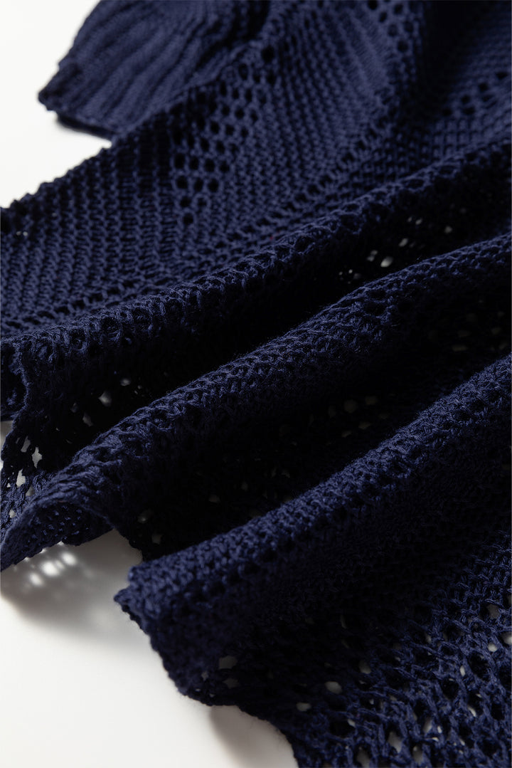 Navy Blue Hollow Out Knit 7/8 Sleeve Casual Sweater