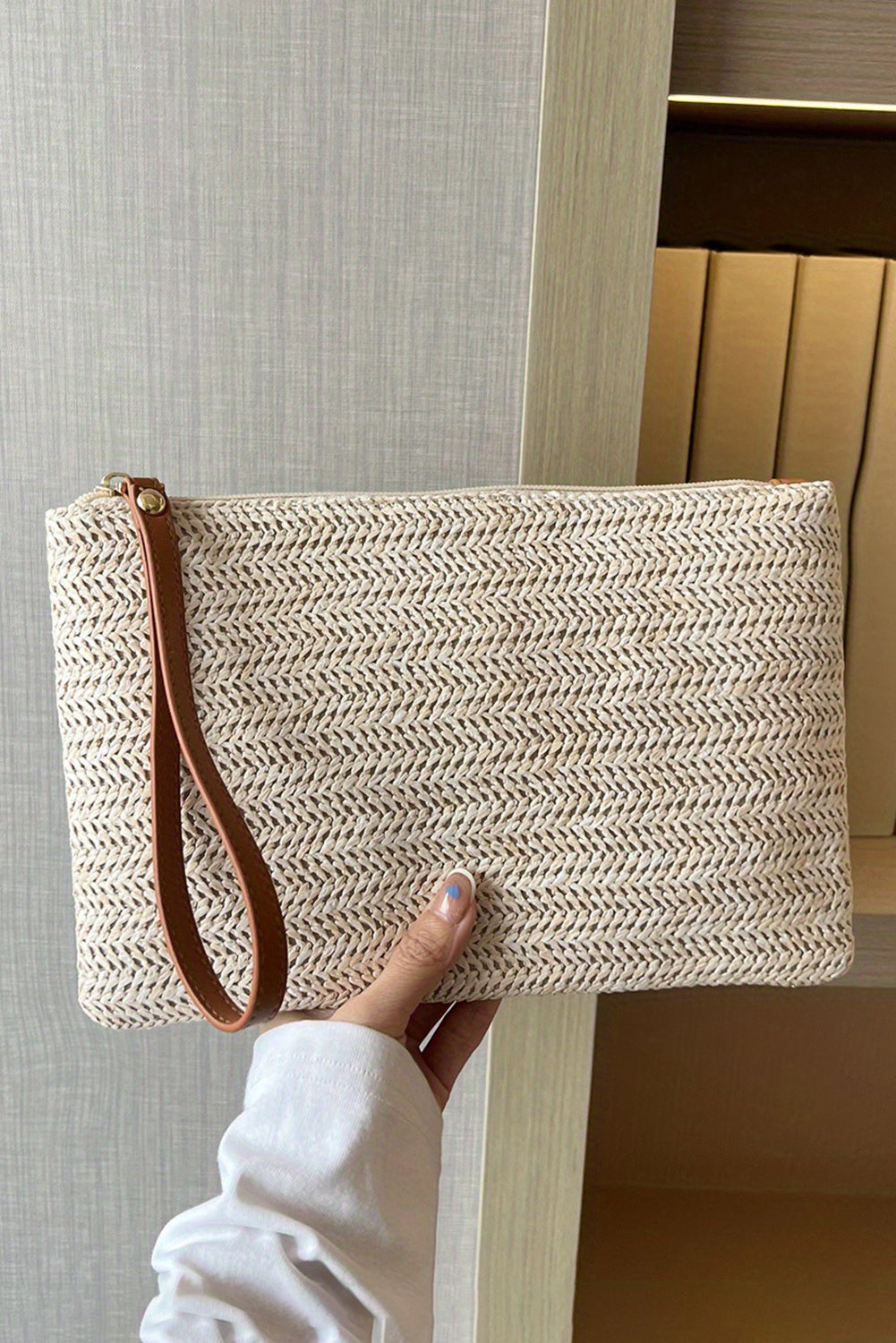 Straw Woven Wrist Strap Zipper Large Wallet