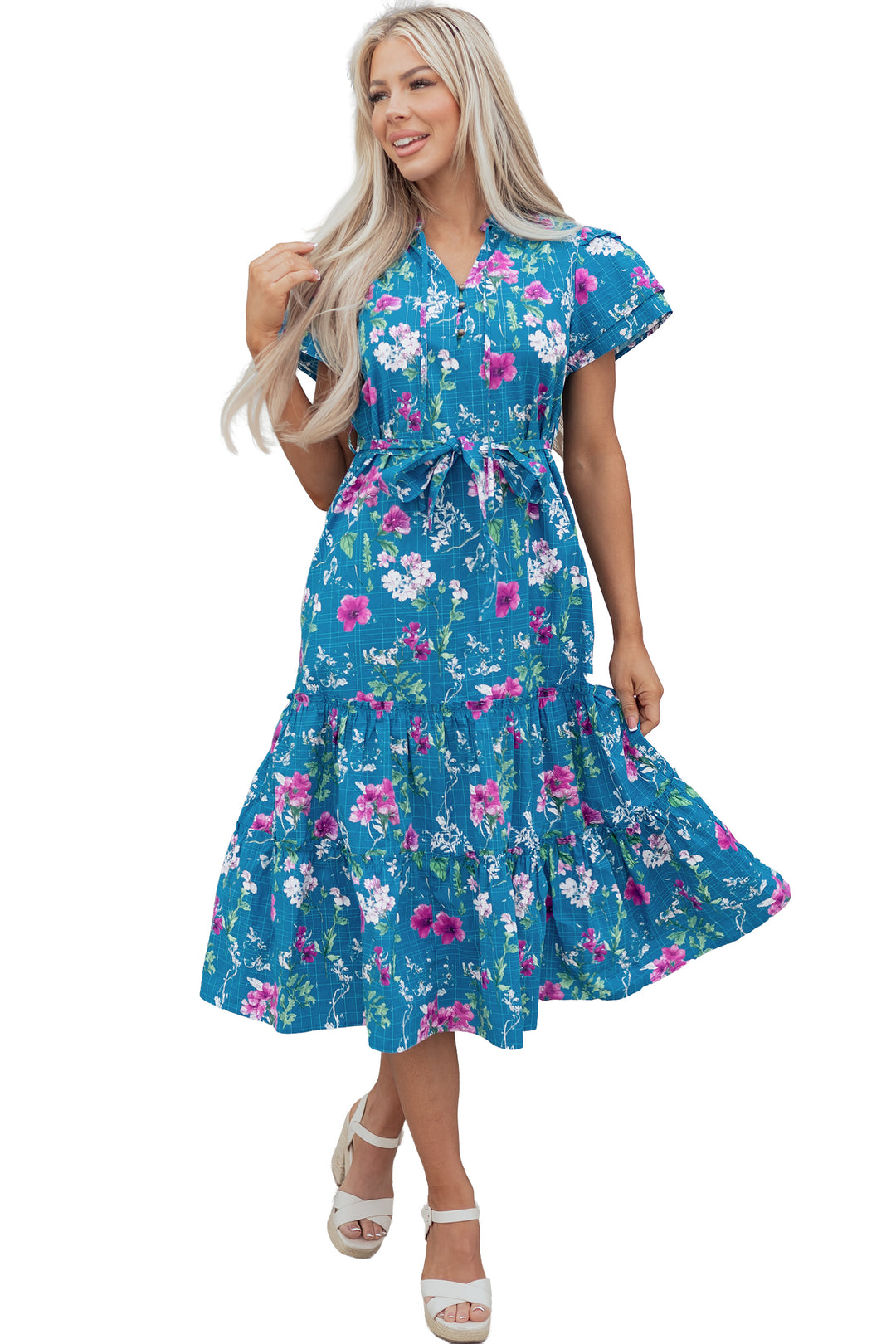 Floral Flutter Sleeve Button Tie Split Neck Belted Long Dress