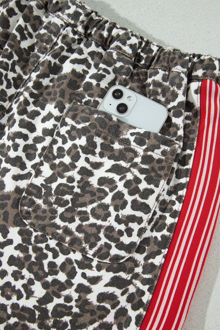 Brown Leopard Patchwork Elastic Waist Jeans