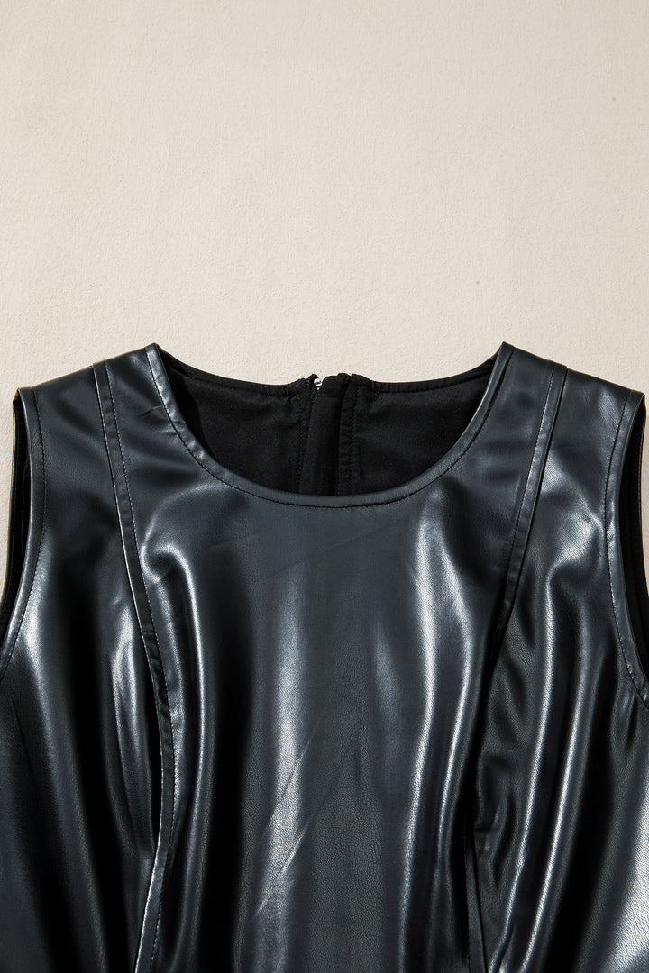 Faux Leather Ruffle Hem Sleeveless Mini Dress