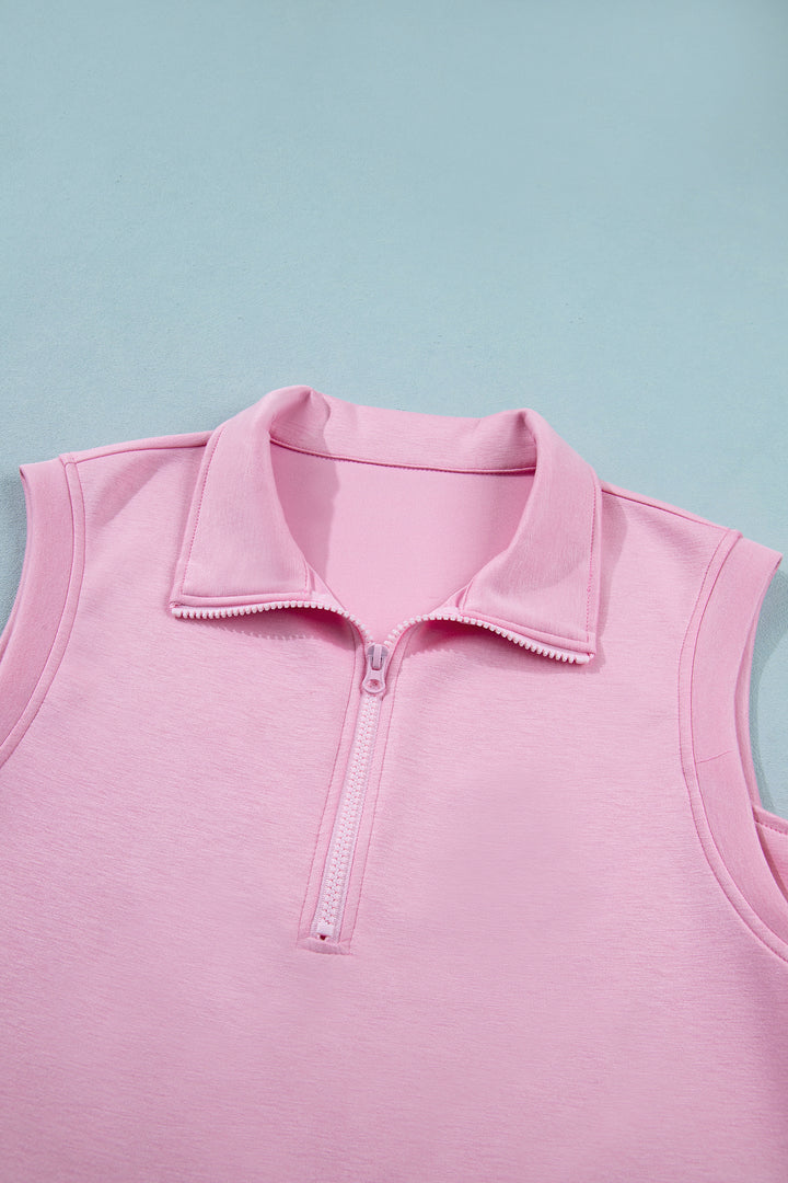 Pink Solid Color Sleeveless Zipper Tank and Skort Set