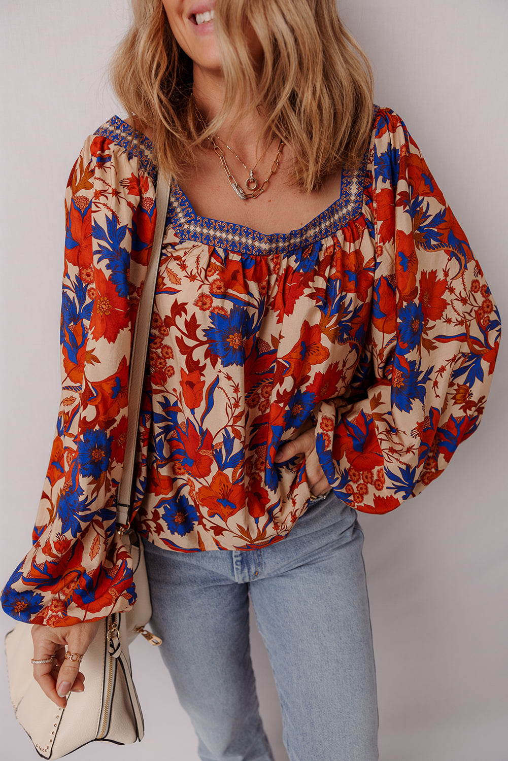 Floral Print Square Neck Backless Loose Fit Blouse