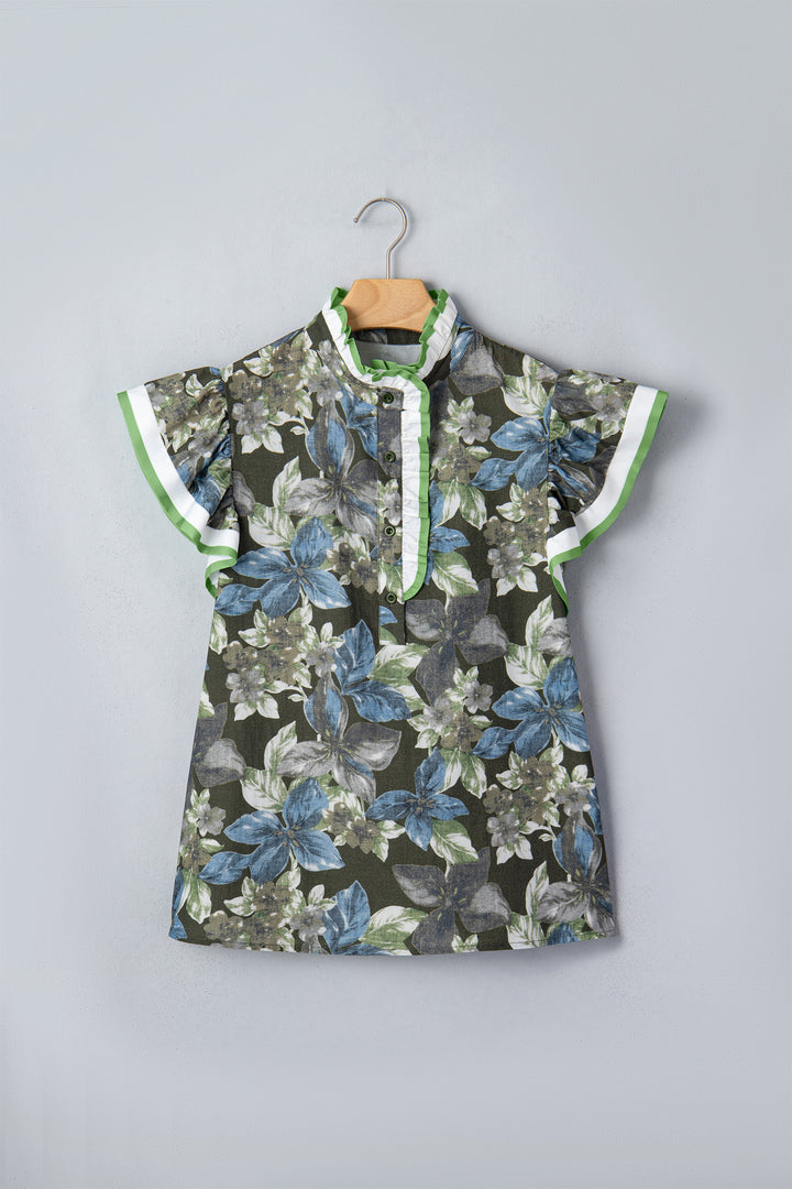 Green Ruffled Short Sleeve Floral Summer Blouse