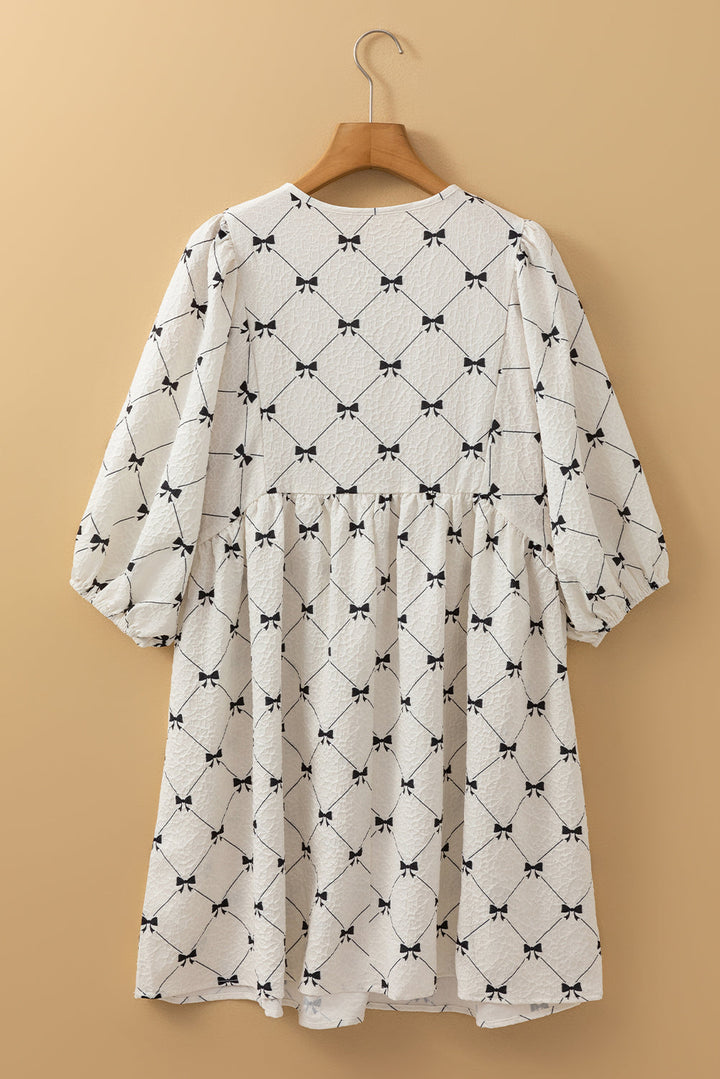 Bowtie Pattern Textured Puff Half Sleeve Loose Mini Dress