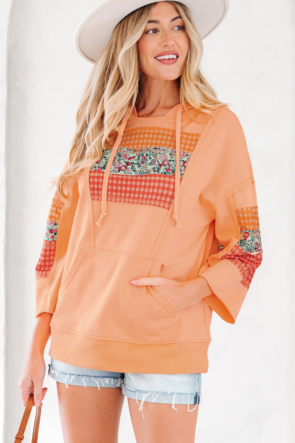 Plaid Floral Patchwork Kangaroo Pocket Hooded Long Sleeve Top