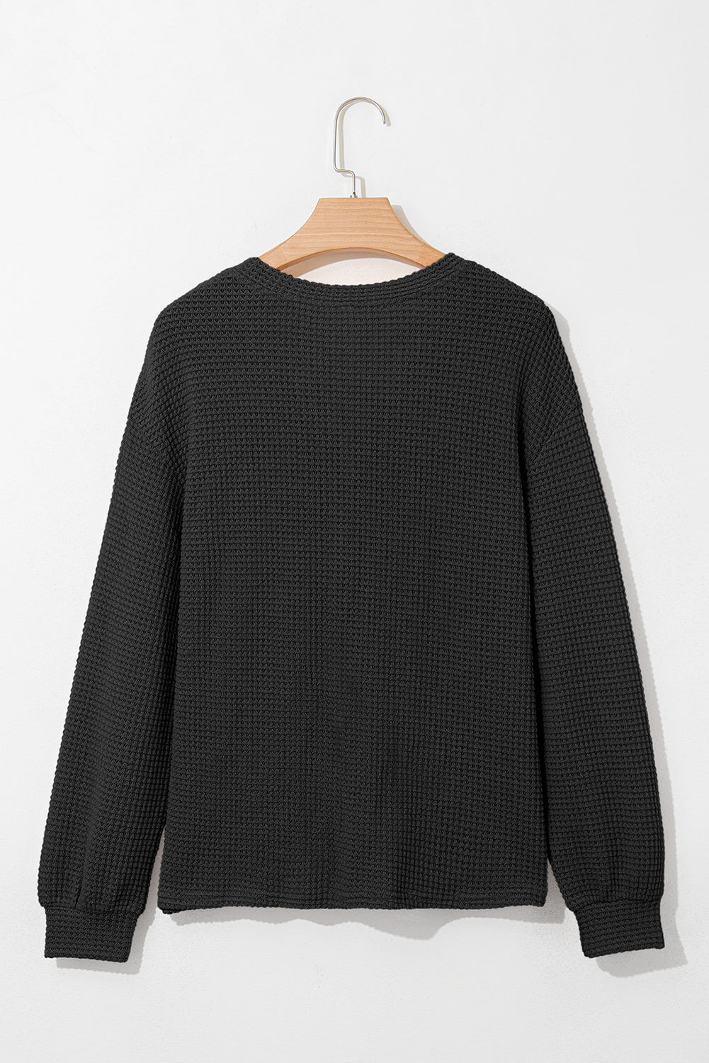 Black Button Notched Neck Waffle Knit Long Sleeve Top