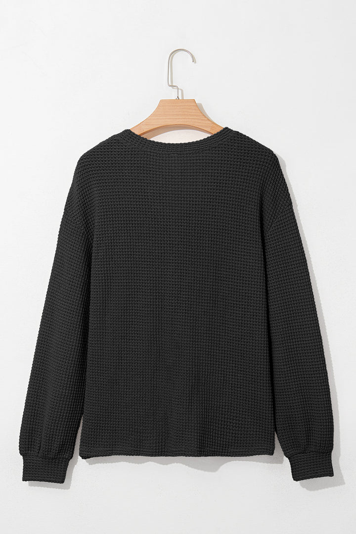 Black Button Notched Neck Waffle Knit Long Sleeve Top