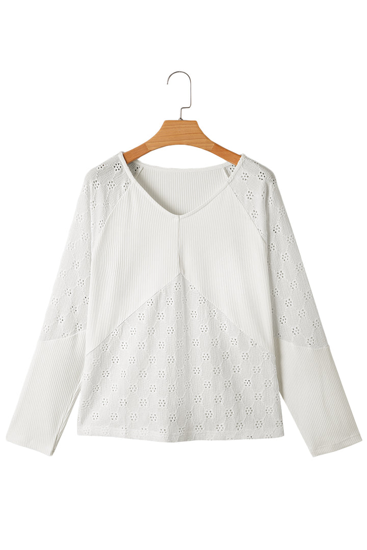 Twisted Rib Patchwork Embroidered Loose V Neck Long Sleeve Top