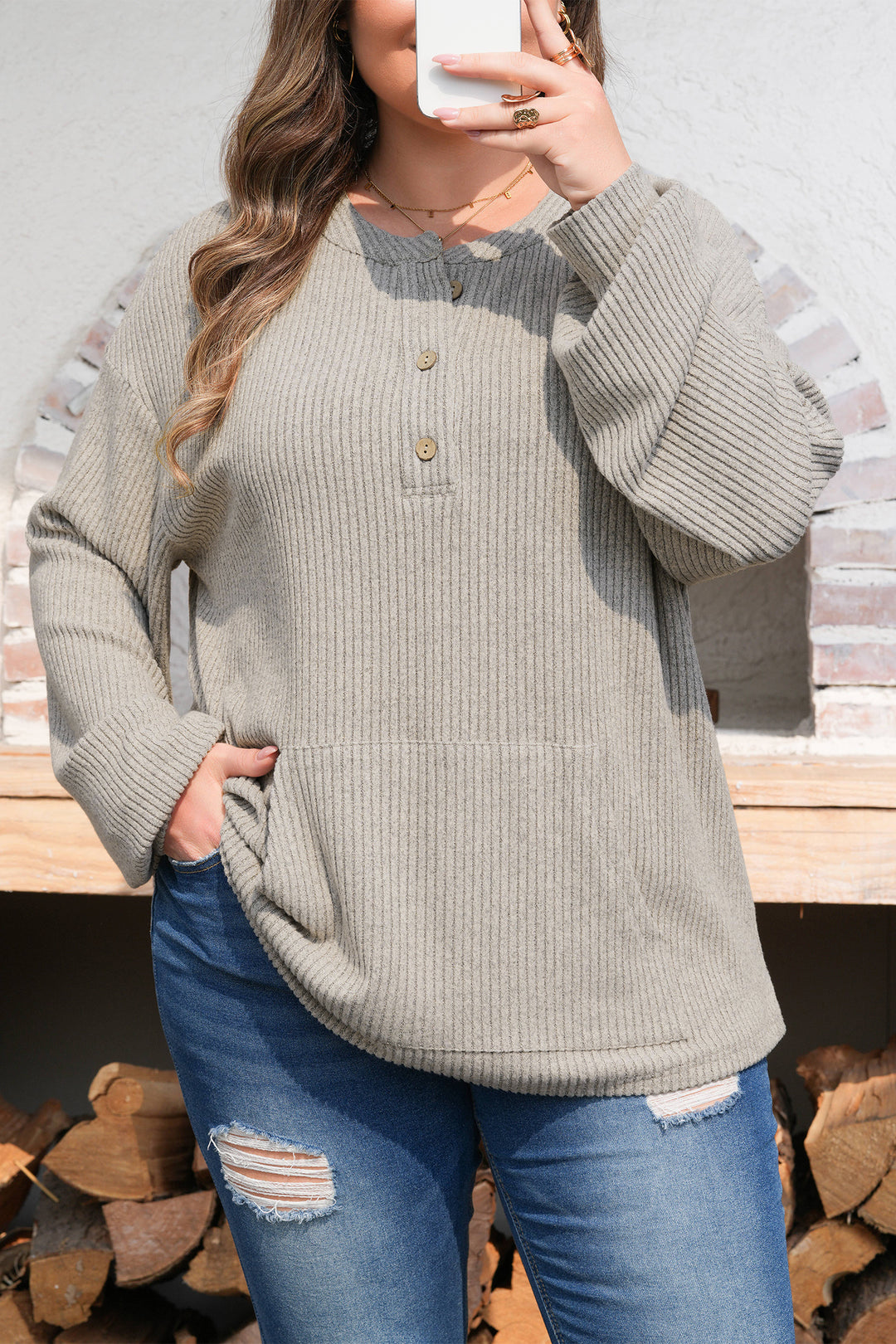 Simply Taupe Plus Size Ribbed Knit Kangaroo Pocket Henley Long Sleeve Top