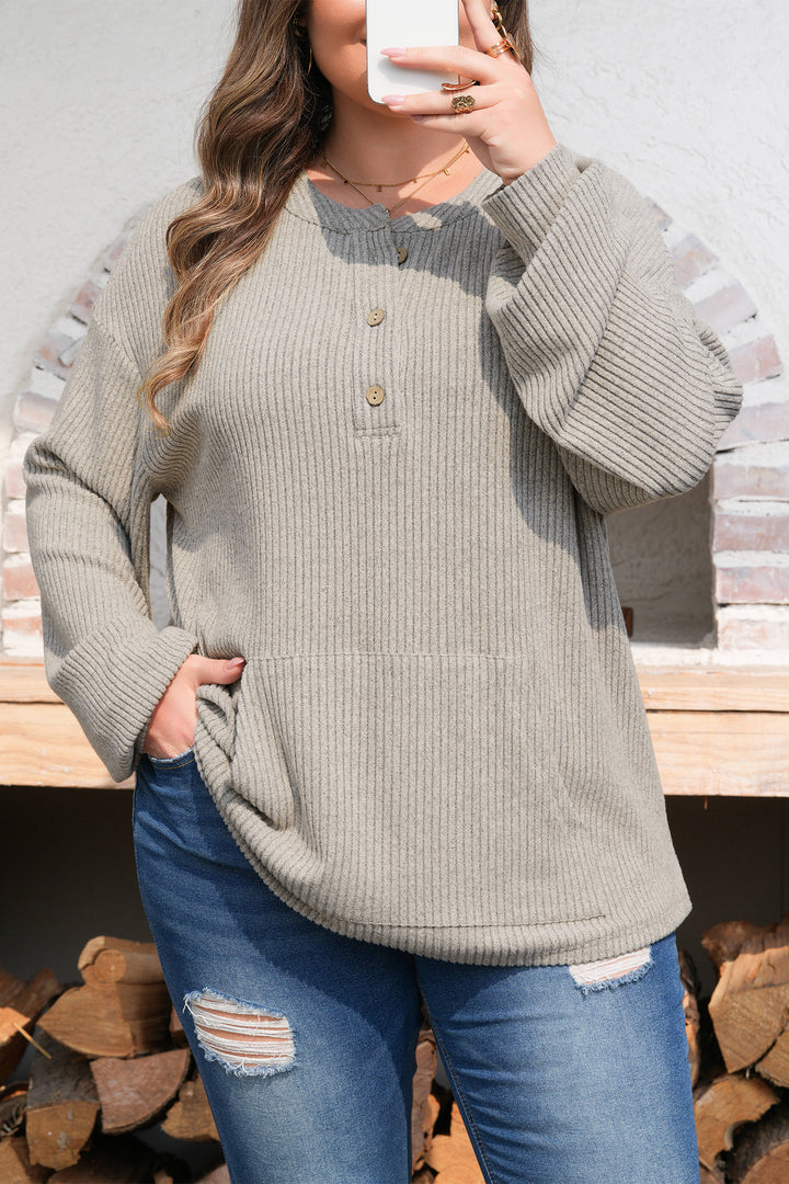 Simply Taupe Plus Size Ribbed Knit Kangaroo Pocket Henley Long Sleeve Top