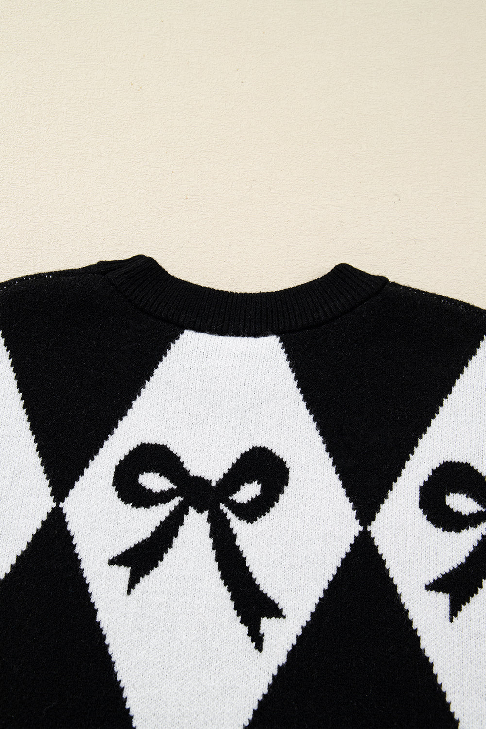 Bow Print 2-tone Rhombus Knit Loose Sweater