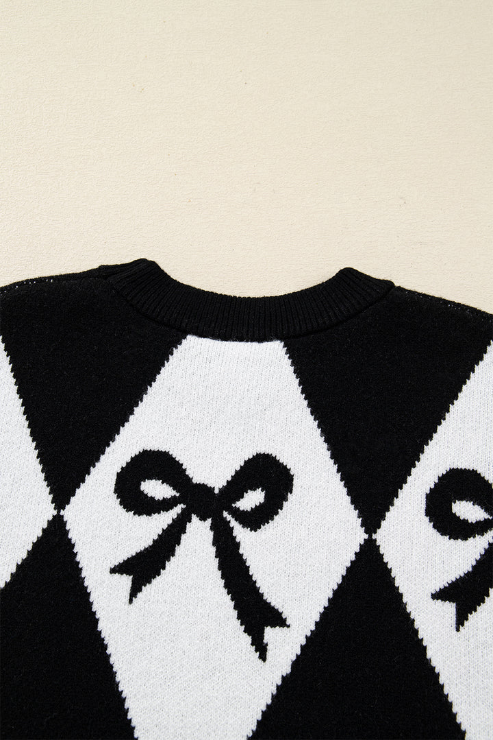 Bow Print 2-tone Rhombus Knit Loose Sweater