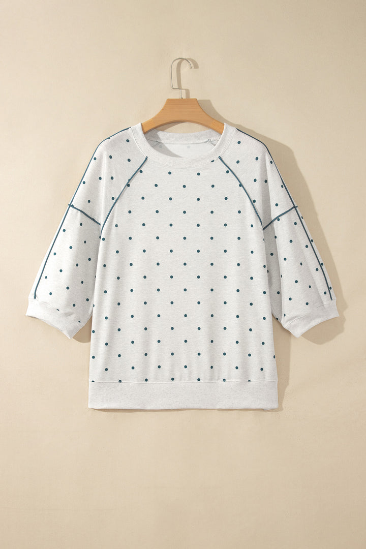 Gray Polka Dot Print Piping Trim 3/4 Sleeve Relaxed Top