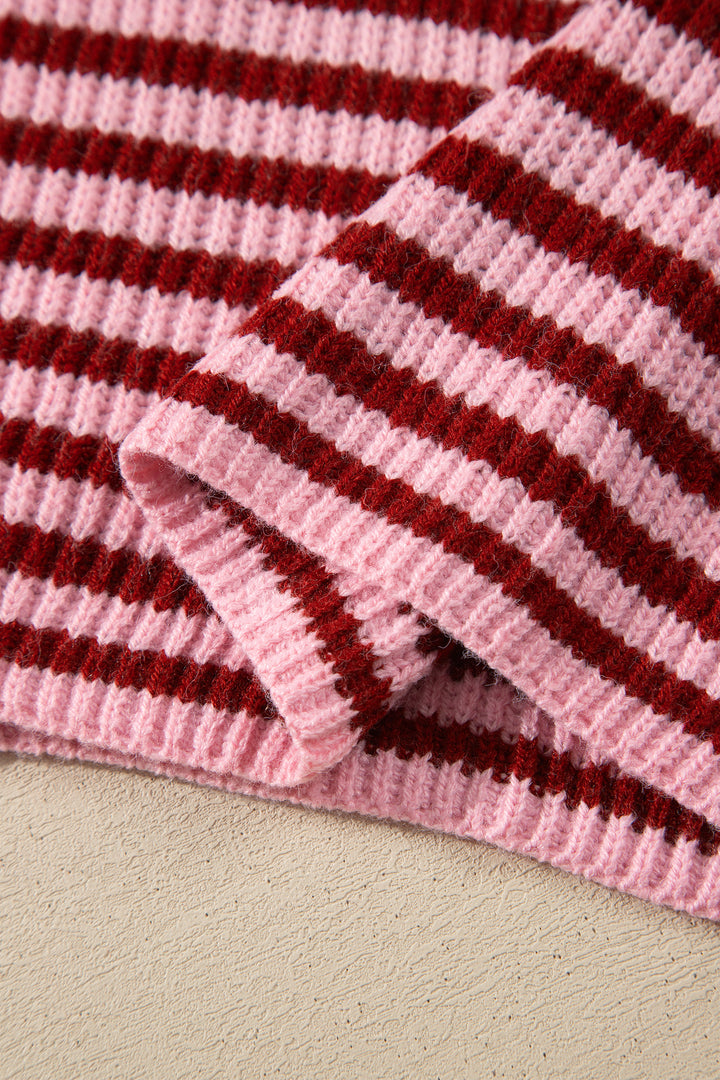 Red Stripe Striped High Neck Zip-up Sweater Long Sleeve Casual Fit Drop Shoulder Open Front Cardigan