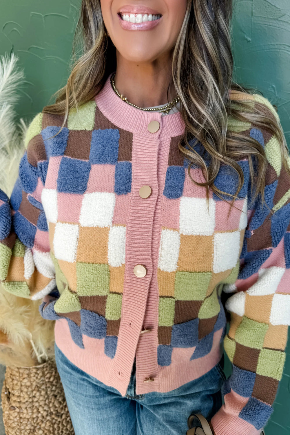 Plush Checkered Pattern Button Front Cardigan Sweater