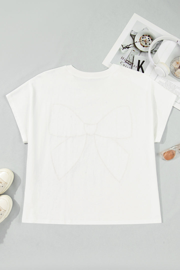 White Plus Size Leopard Bow Embroidered Patch Casual Cotton T Shirt