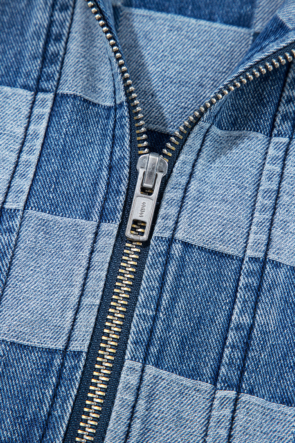 Checkerboard Zipped Neck Kangaroo Pocket Denim Hoodie