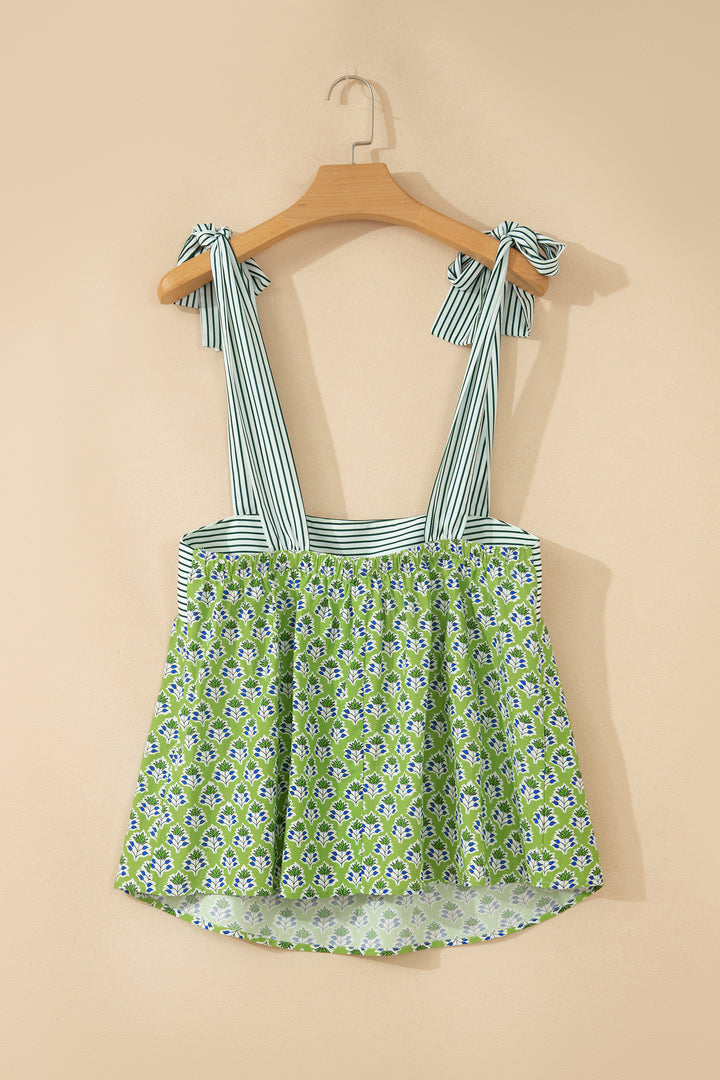 Green Floral Printed Knot Straps Babydoll Tank Top