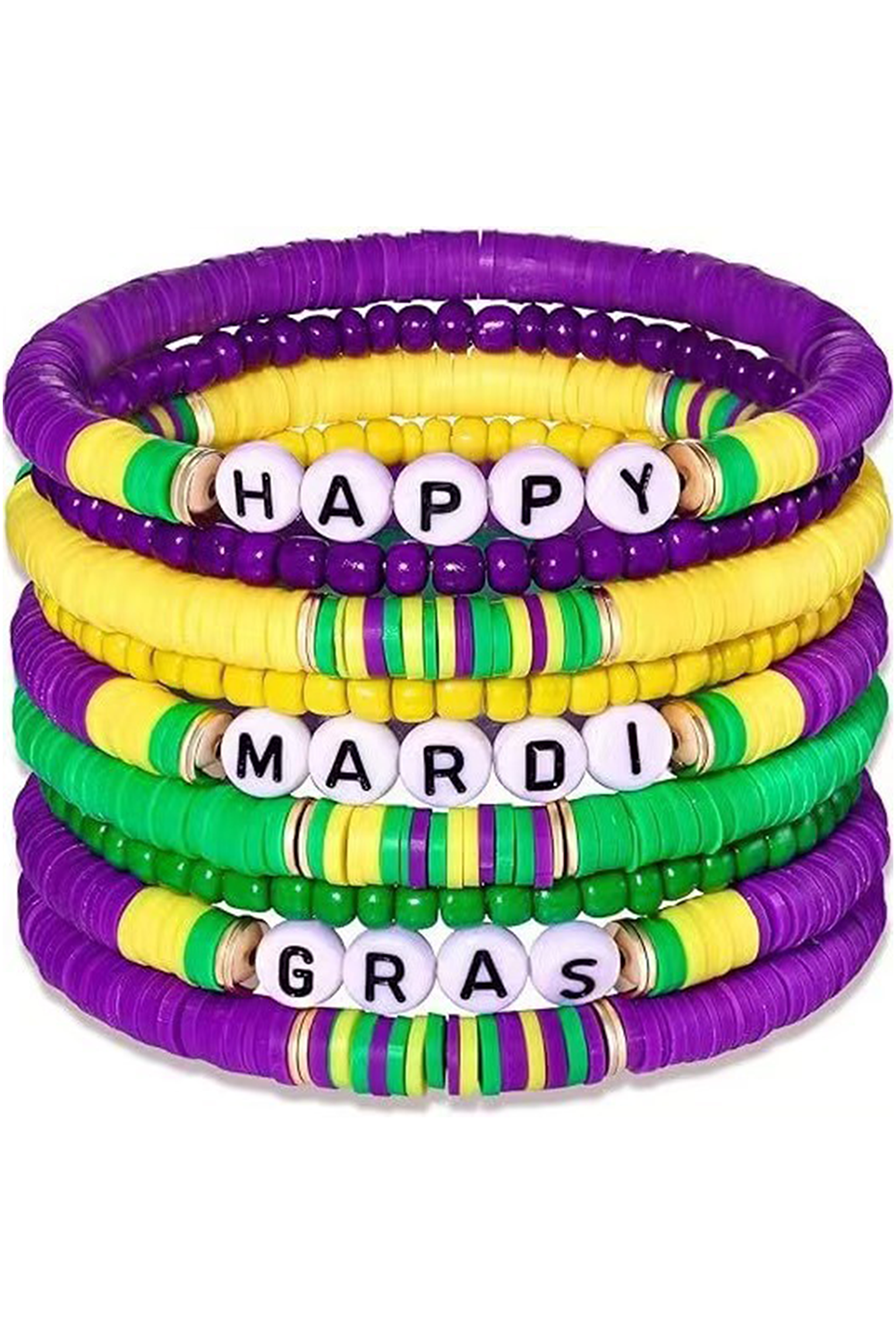 Ensemble de bracelets superposés en perles Happy Mardi Gras