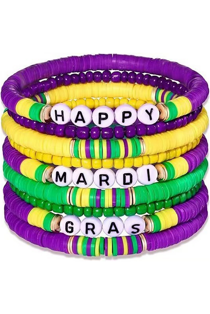 Ensemble de bracelets superposés en perles Happy Mardi Gras