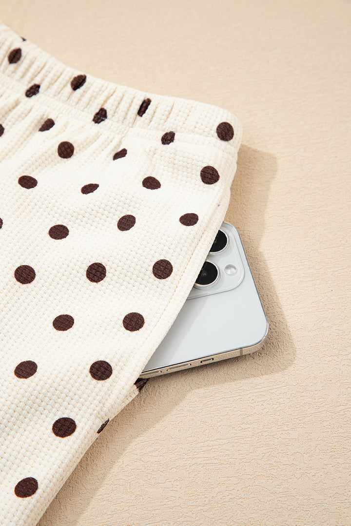 White Polka Dot Print Notched Neck Long Sleeve Top Drawstring Jogger Pants Waffle Knit Lounge Set