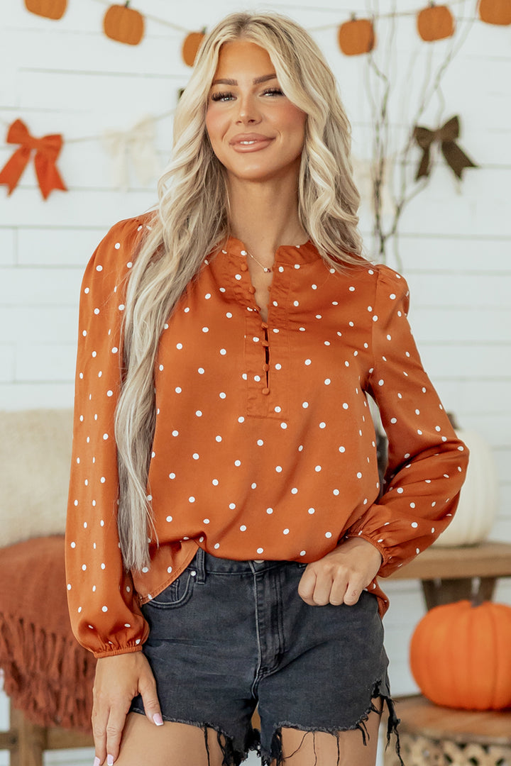 Brown Polka Dot V Neck Long Sleeve Blouse