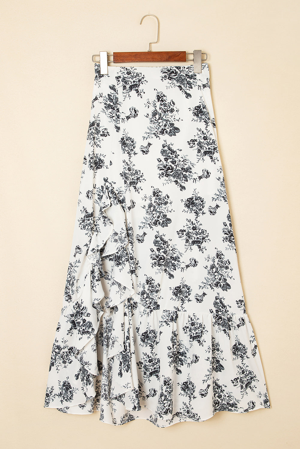 White Black Boho Floral High Waist Ruffle Split Maxi Skirt