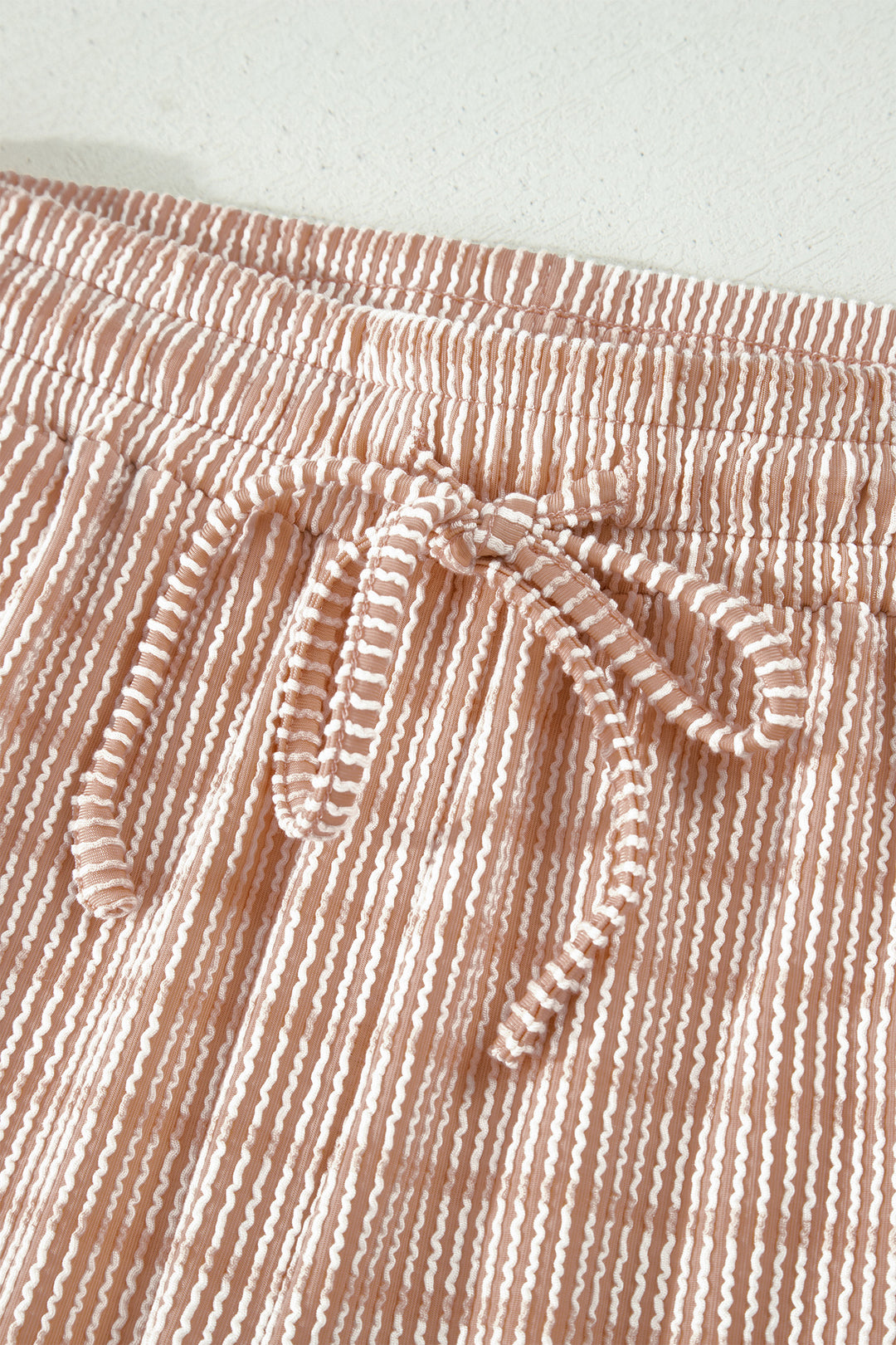 Khaki Stripe Raised Rib Loose Tee Drawstring Elastic Waist 2pcs Short Set