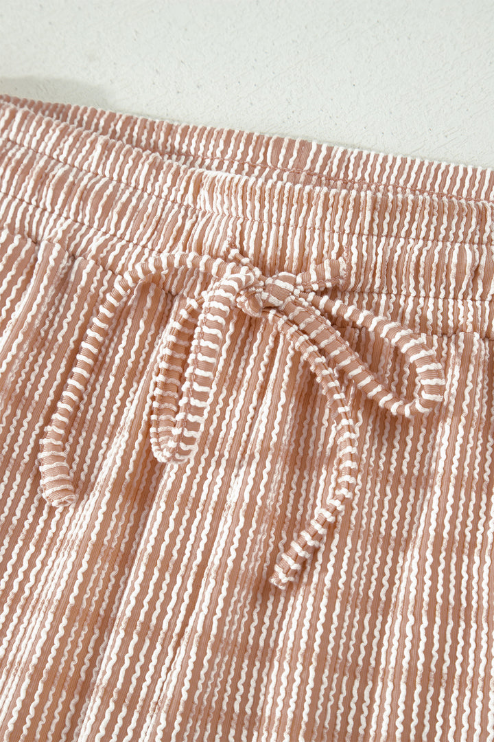 Khaki Stripe Raised Rib Loose Tee Drawstring Elastic Waist 2pcs Short Set