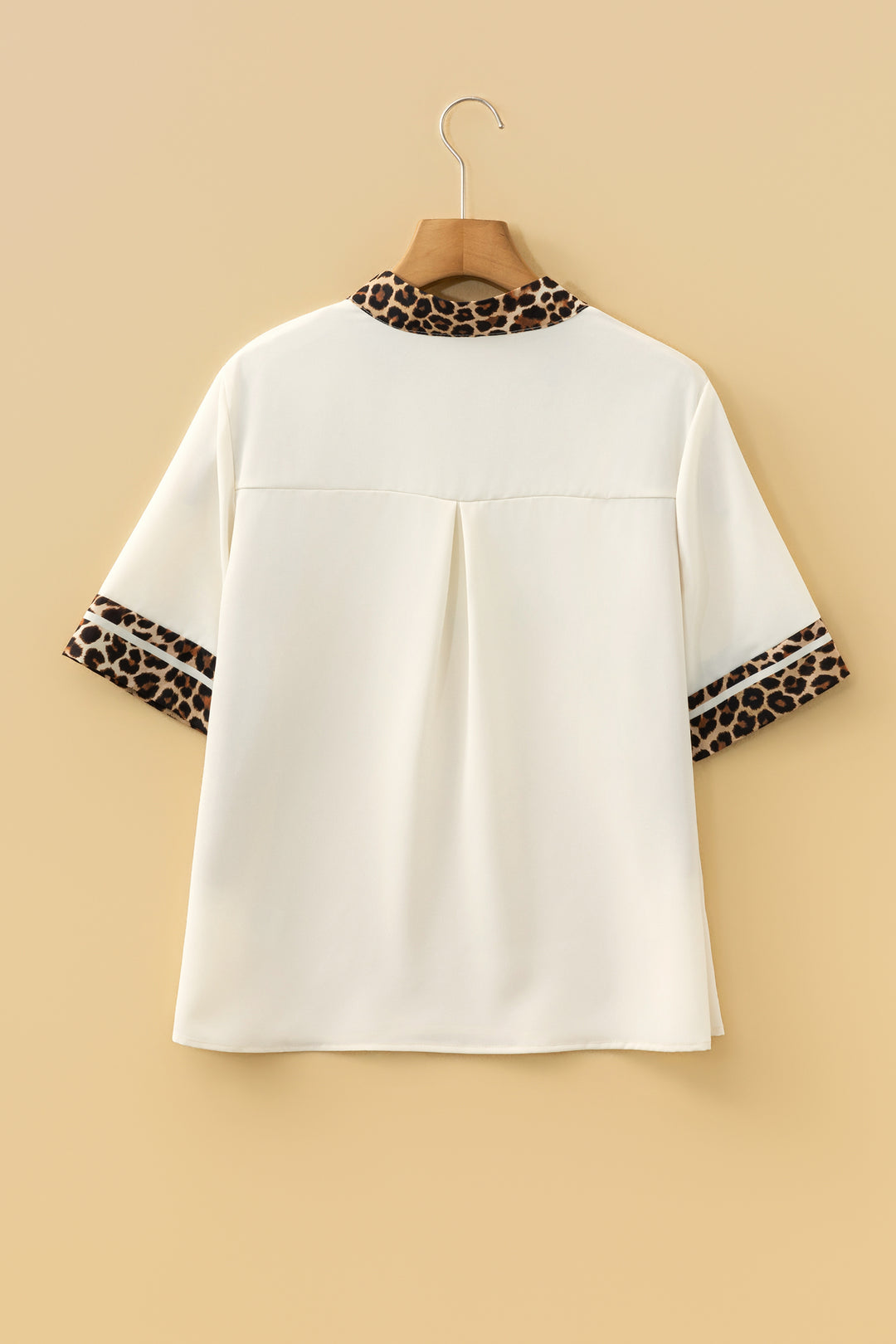 Leopard Patchwork Trim Split Neck Short Sleeve Blouse