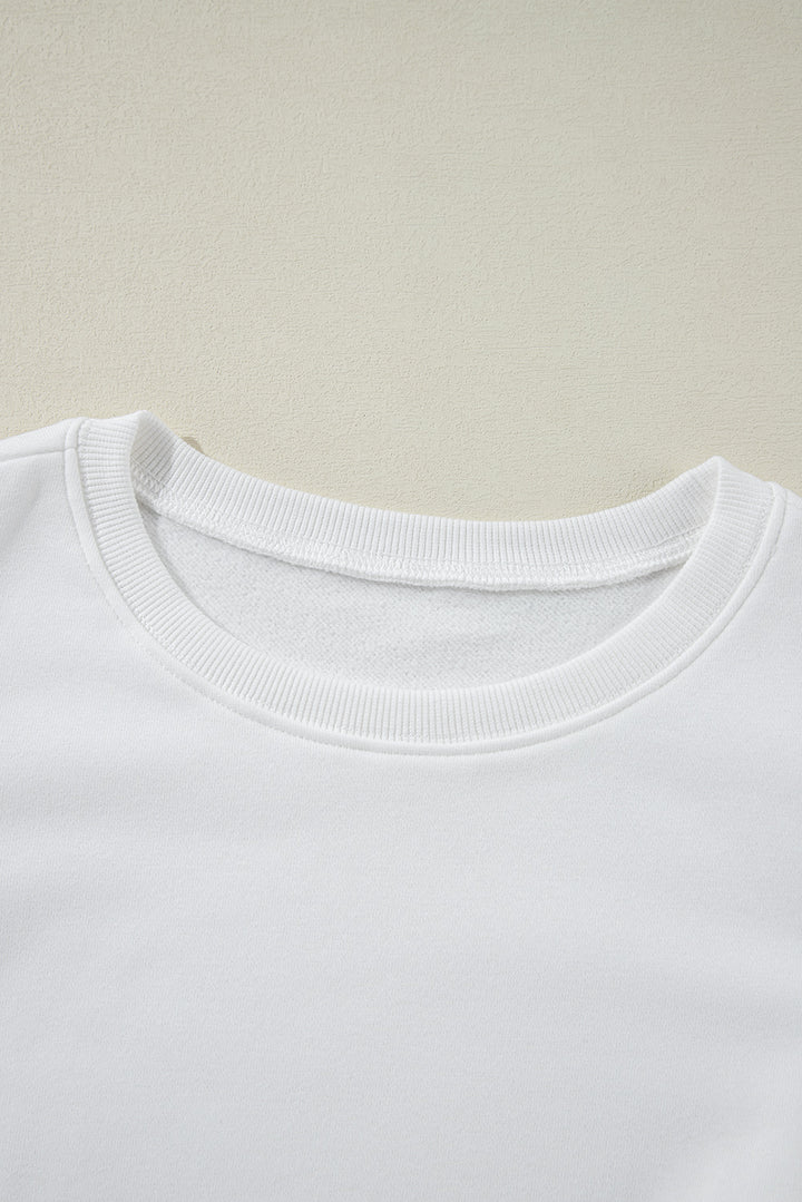 White Solid Puff Sleeve Round Neck Pullover Sweatshirt