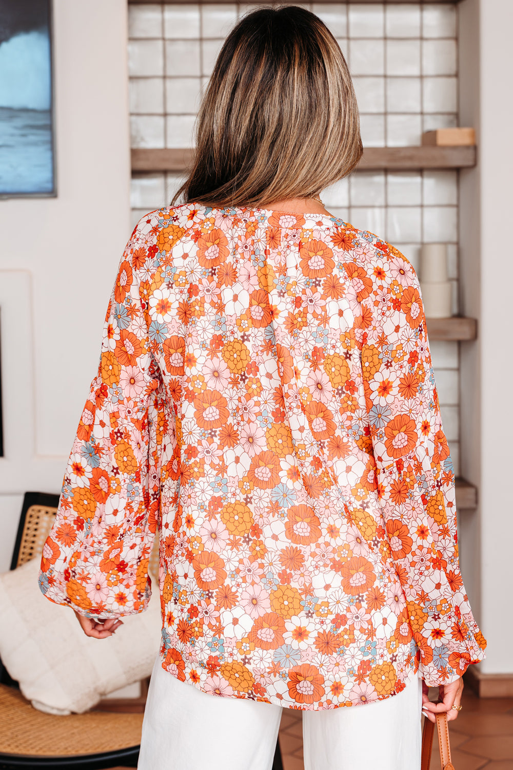 Floral Print V Neck Long Puff Sleeve Top