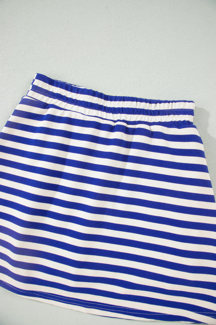 Dark Blue Textured Stripe Print Contrast Trim Zip Collar Sleeveless 2pcs Skort Set
