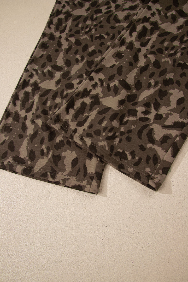 Brown Leopard Print Raw Seam Patchwork Pullover Drawstring Loose Pant Set