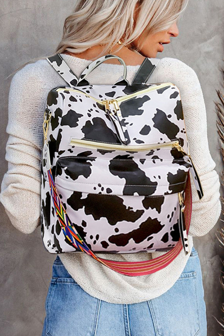 Rucksack aus PU-Leder mit mehreren Fächern und Kuh-Print